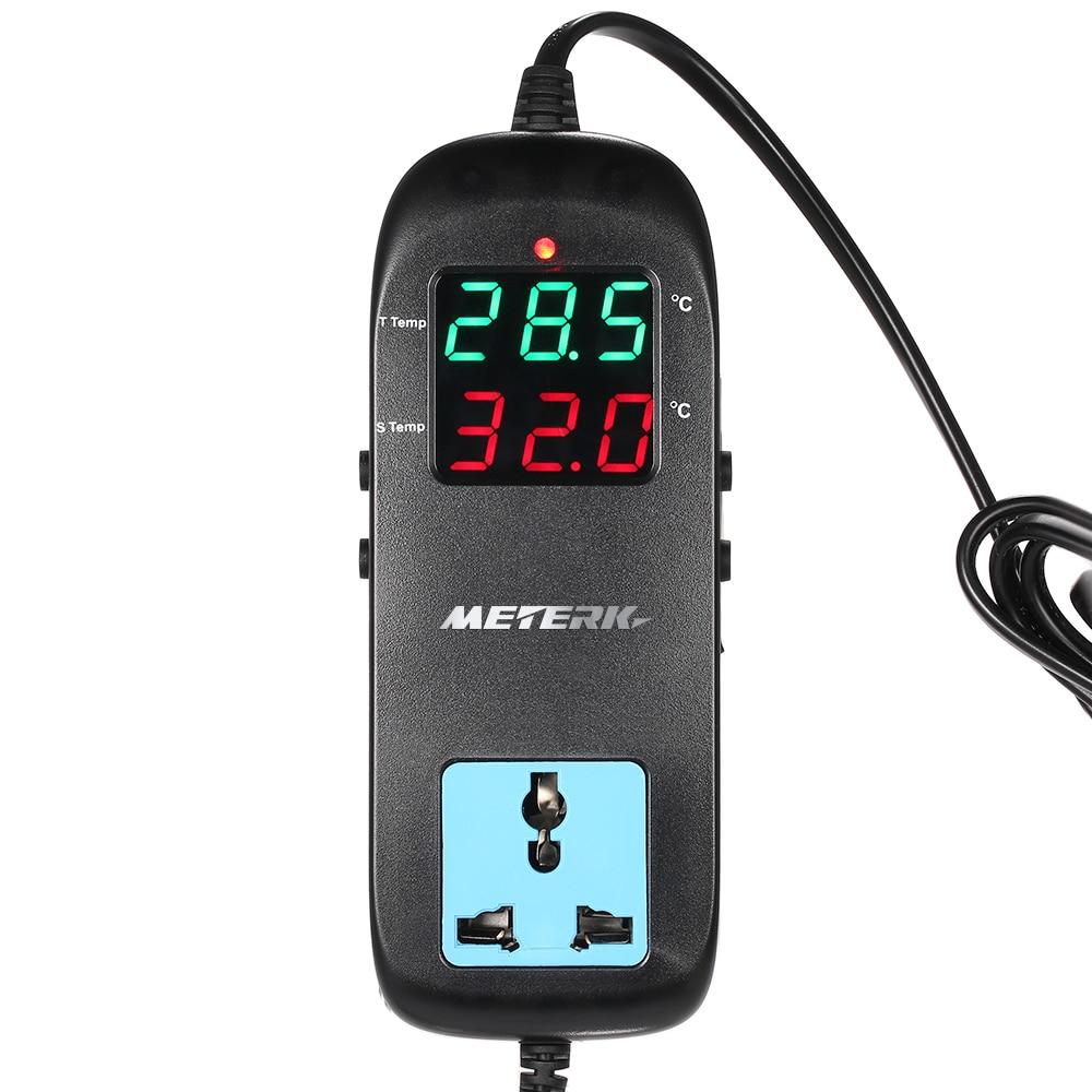 Meterk Electronic Thermostat with LED display, designed for precise temperature control in breeding applications, featuring a compact design and tool bag.